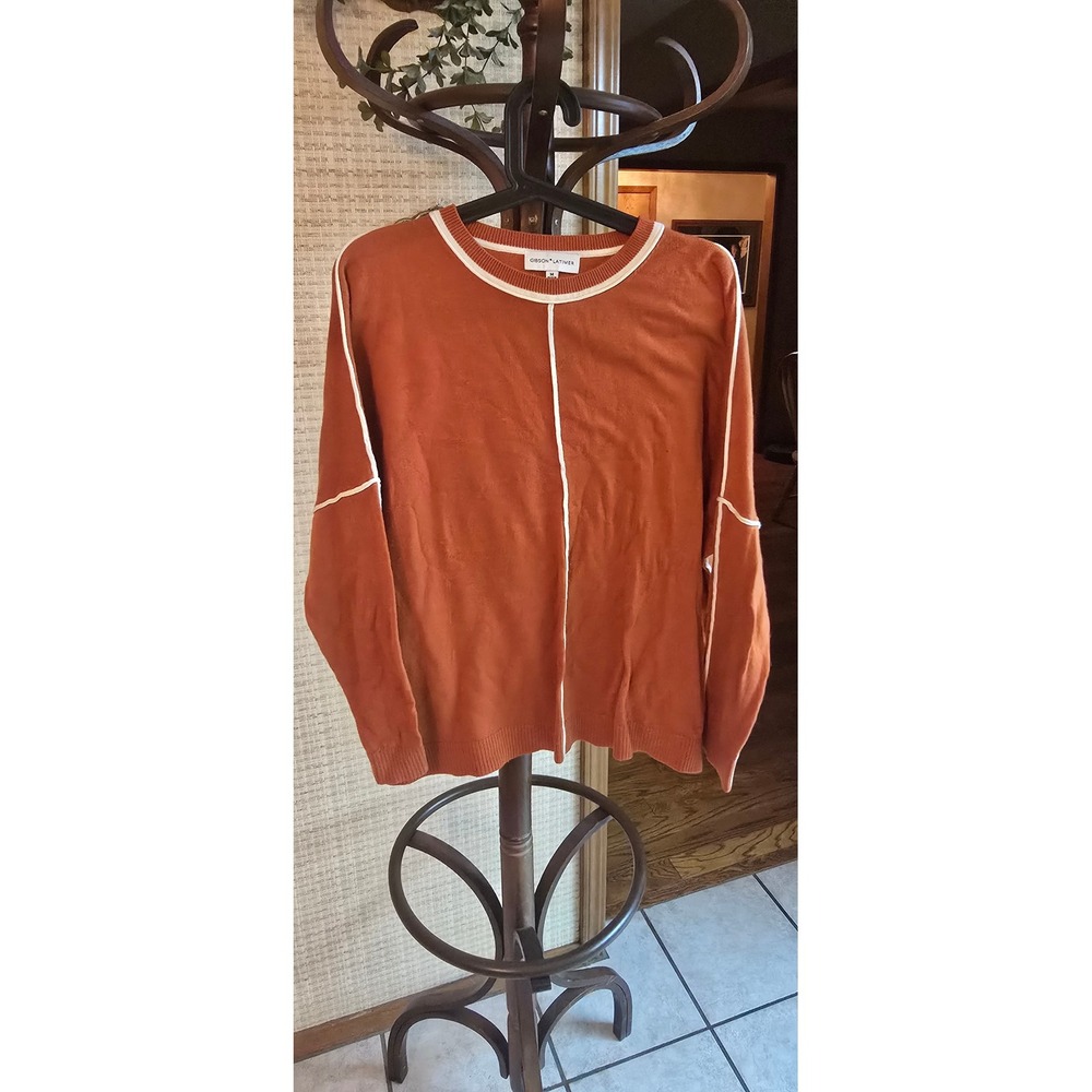 Gibson Latimer Rust Orange Crewneck Sweater Cream Piping Detail Womens Medium